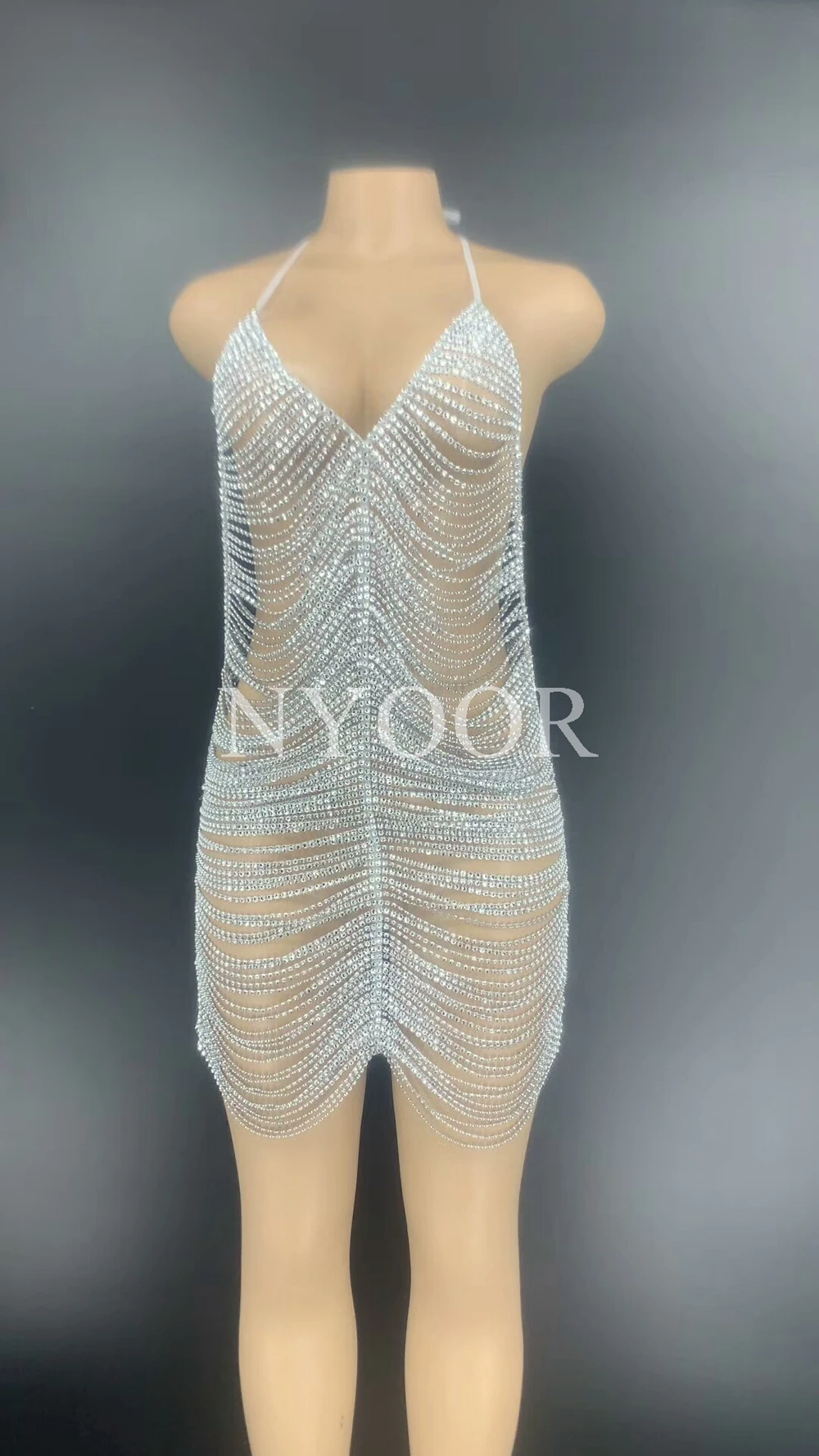 Shining Chains Halter Backless Short Dress Black Birthday Celebrate Party Dress Bar Club Dance Hollow Outfit