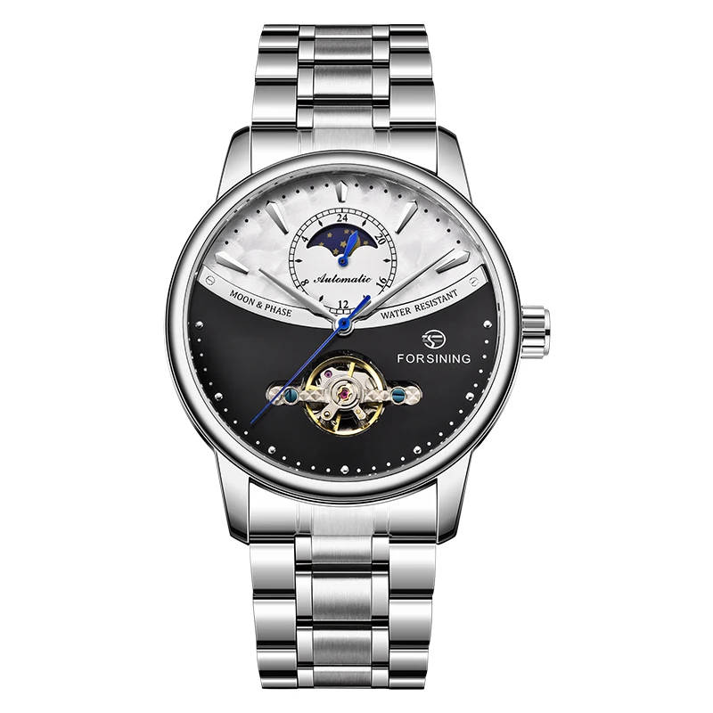 Новые механические часы FORSINING Blue Tourbillon, Мужские автоматические часы с фазой Луны, часы из натуральной нержавеющей стали для мужчин, мужские часы - Цвет: silver black