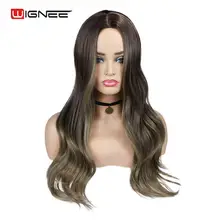 Wignee, длинные волнистые волосы, синтетический парик, черный-коричневый, для женщин, высокая температура, искусственные волосы, средняя часть, на каждый день, косплей, натуральные парики