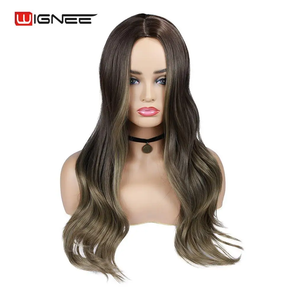 

Wignee Long Wavy Hair Synthetic Wig Black to Brown For Women High Density Temperature Middle Part Daily Cosplay Nutral Wigs
