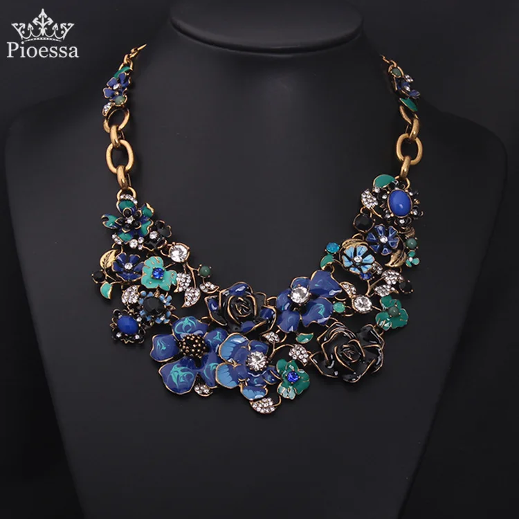 

European and American Fashion Color Flower Water Drill Short Collarbone Necklace Exaggerate Antique Women Accessories Wholesale