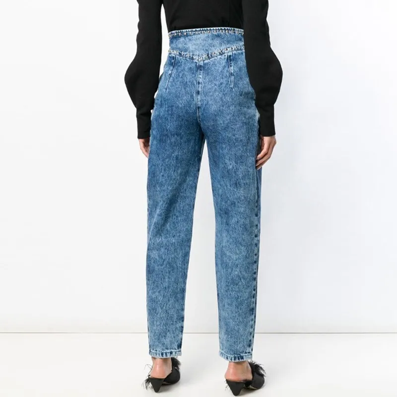 Джинсовые брюки для подиума с высокой талией для женщин, пэтчворк, длинные джинсы с заклепками для мам, Женские Осенние Синие панковские штаны, уличная одежда