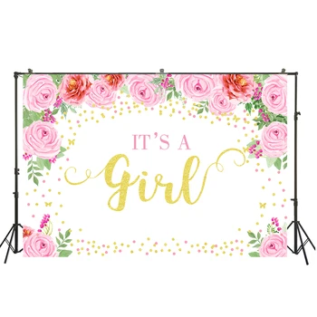 

HUAYI It's A Girl Theme Photography Water color Pink Red Flowers Golden Pink Dots Backdrops Baby Shower Photography W-3524