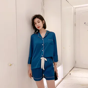 

FZSLCYIYI Spring Summer Women Faux Silk Pajamas Set Simple Pure Color Leisure Nightwear Short Sleeves Sleepwear