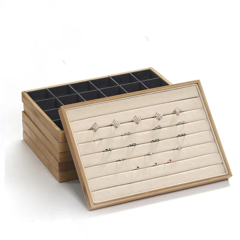 

Bamboo Velvet Stackable Neckalce Jewelry Display Tray Grid Bangle Jewelry Organizer Jewelry Ring Tray For Store Storage Exhibit