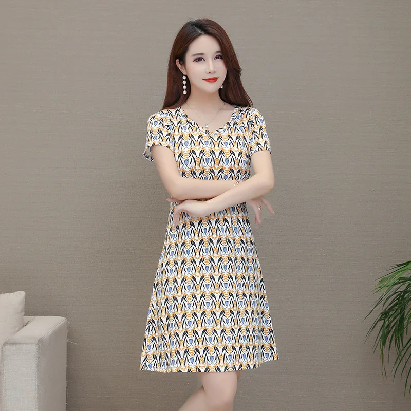 

Short Sleeve Loose-Fit Dress 2019 New Style Women's Summer Tibetan Meat by Age Short-height Floral-Print A- line Skirt Fashion