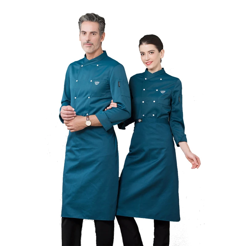 

Unisex Kitchen Chef Uniform Long Sleeves Jacket & Apron Restaurant Uniforms Shirts Clothes Cooker Bakery Black Sous Chef Coat