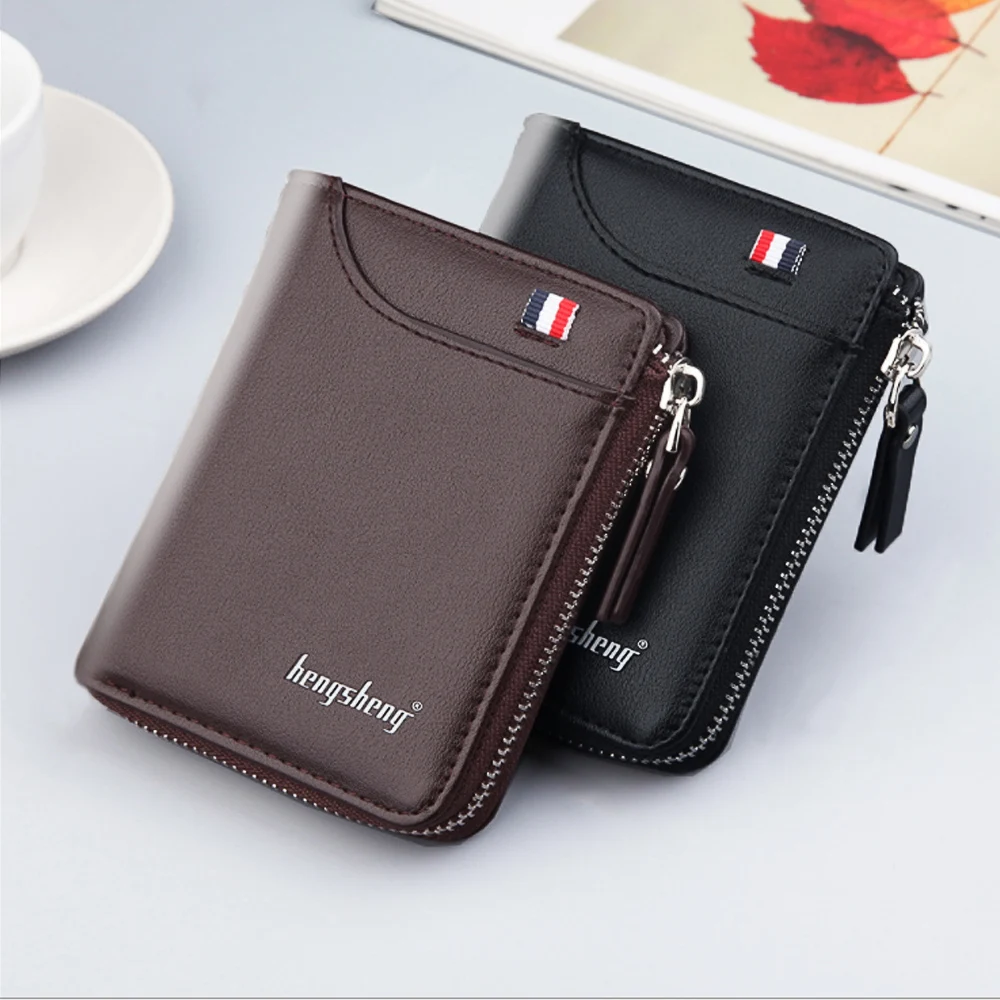 

Fashion Men Wallets Name Engraving Zipper Card Holder High Quality Male Purse New PU Leather Coin Holder Men Wallets Carteria