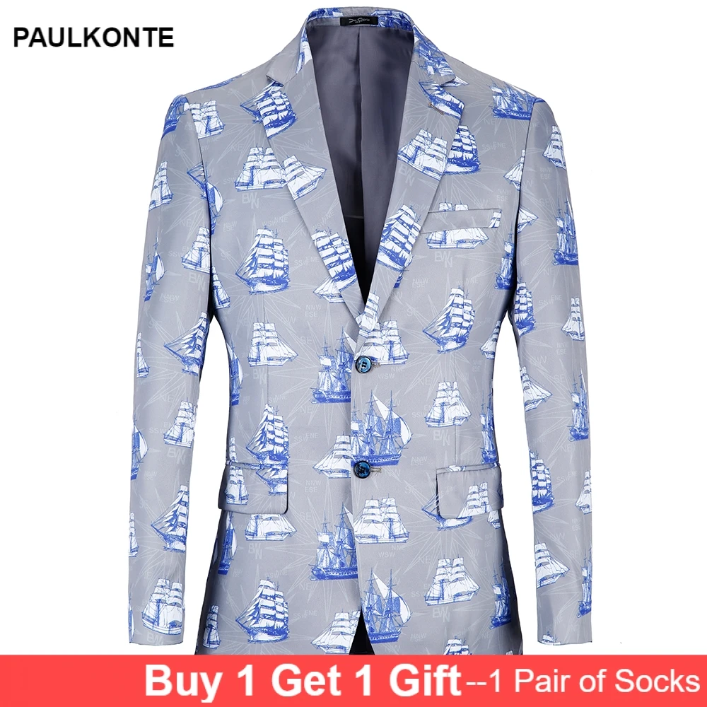 PAULKONTE 2019 big size 38R-48R Blazer Men Print Sea design Suit Jacket Blue Casual Blazer loose Plus Size men coat jacket PAULKONTE 2019 big size 38R-48R Blazer Men Print Sea design Suit Jacket Blue Casual Blazer loose Plus Size men coat jacket