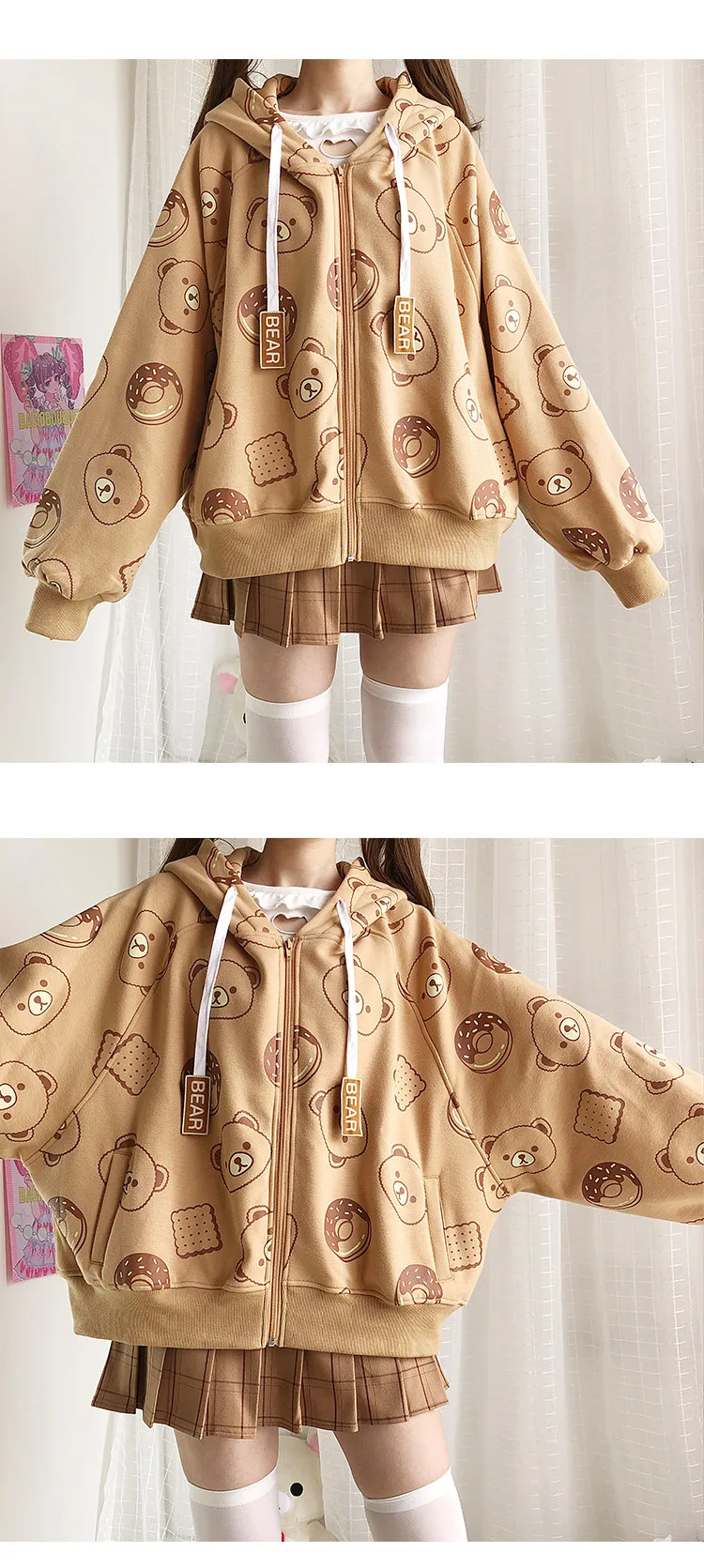 hoodie jacket Harajuku Kawaii Bear Zip Up Hoodie Women Cute Fleece Hooded Jacket Teen Girls Winter Oversized Long Sleeve Warm Outerwear styling hoodies