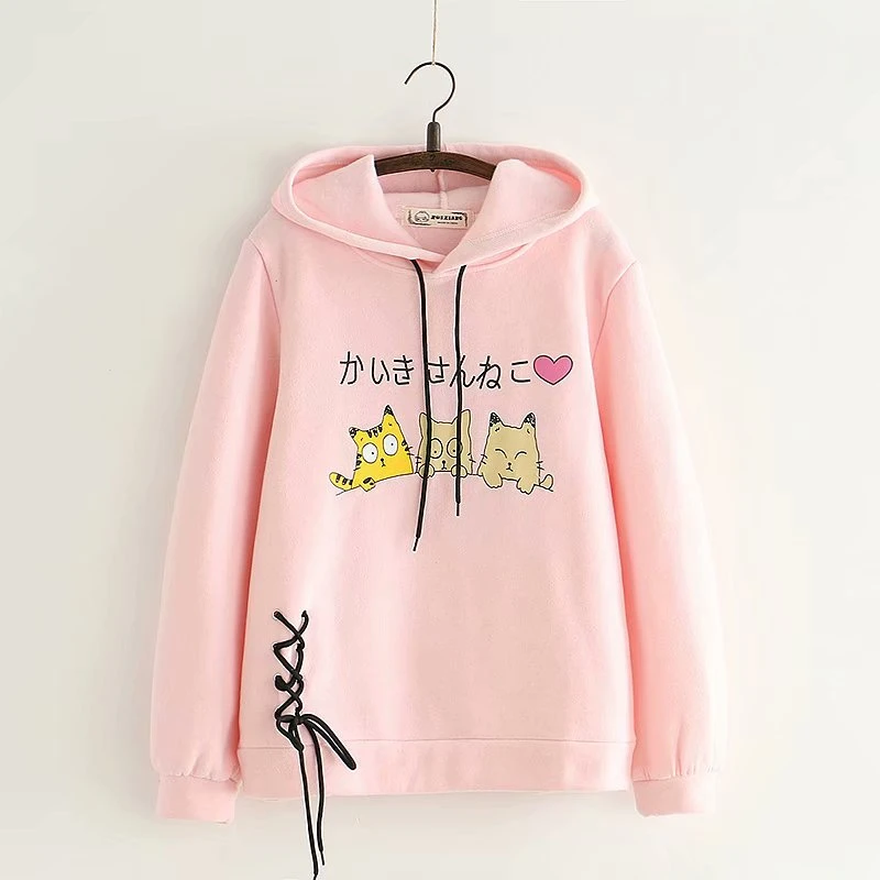 Harajuku kawaii женский милый кашемировый пуловер с 3 забавными котами и длинным рукавом, худи из хлопка с капюшоном, свободные толстовки для женщин - Цвет: pink