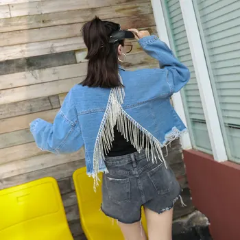 

2020 Autumn New Casual Fashion Temperament Women Coat Loose Plus Inlaid Rhinestone Tassel Back Split Denim Jacket Female