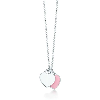 

Original 100% S925 Sterling Silver Double LOVE Heart Pendant Necklace Women Fine High-End jewelry Valentines Birthday GIFT