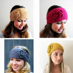 Whosale Winter flower warm Camellia Headband Button one-piece Knitted Wool Headgear Hair Accessories Hairband for Women