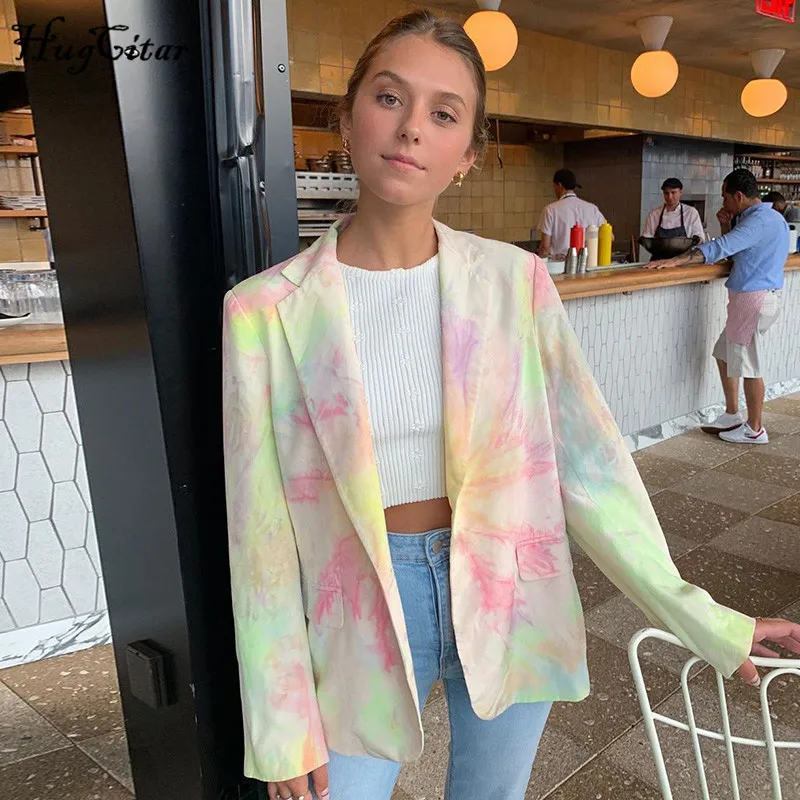 

Hugcitar 2019 long sleeve tie dye blazer casual autumn winter women cardigan streetwear outifts windbreaker tops