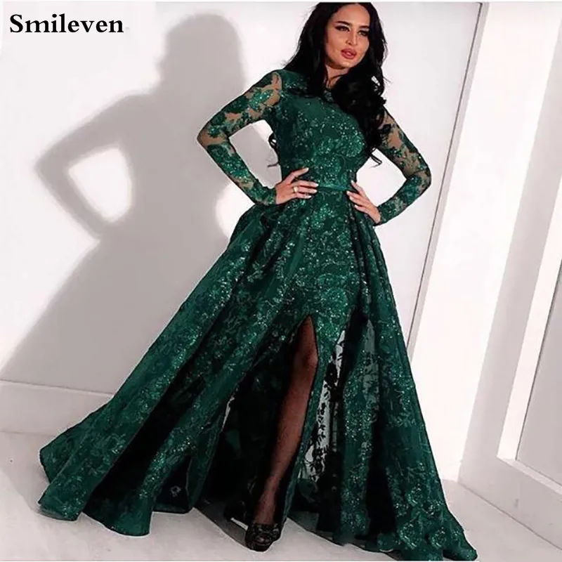 Темно-зеленое вечернее платье Smileven со съемным шлейфом и длинным рукавом