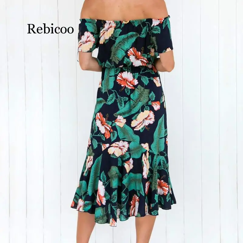 Летнее платье женское зеленое с цветочным принтом Boho пляжные платья сексуальное с открытыми плечами Высокая талия повседневное праздничное женское платье Vestidos