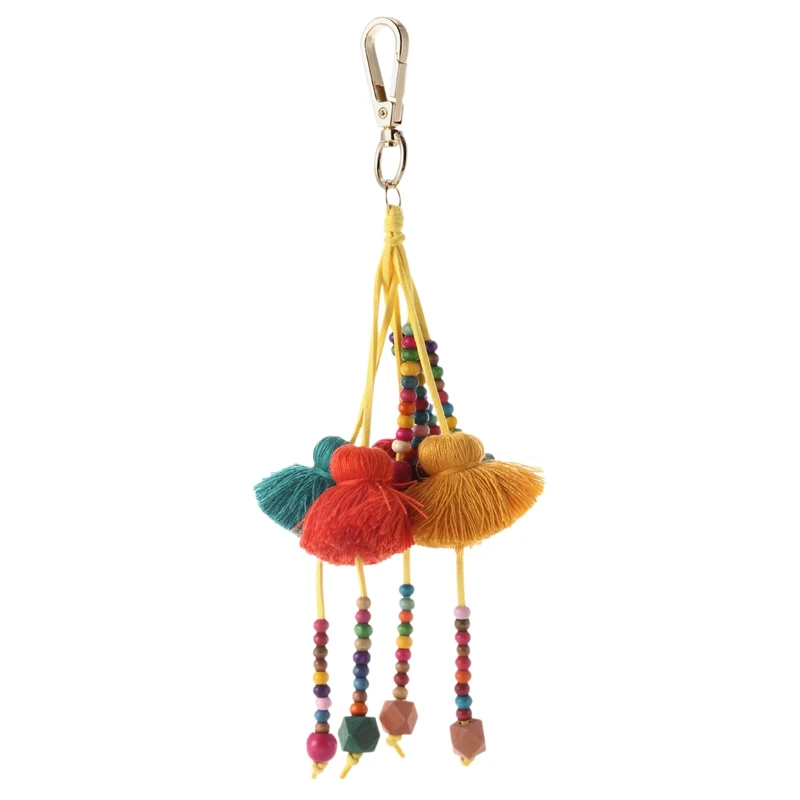 

Keychain+Key Ring Dual Use Bohemian Fringed Hair Ball Pendant Jewelry Solid Wood Beads Ornaments Graffiti