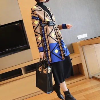 

Retro Printed Sweaters Knitted Cardigan Women Long Sleeve Loose Outwear Fashion Casual Winter Clothes Women 2019 Geometric