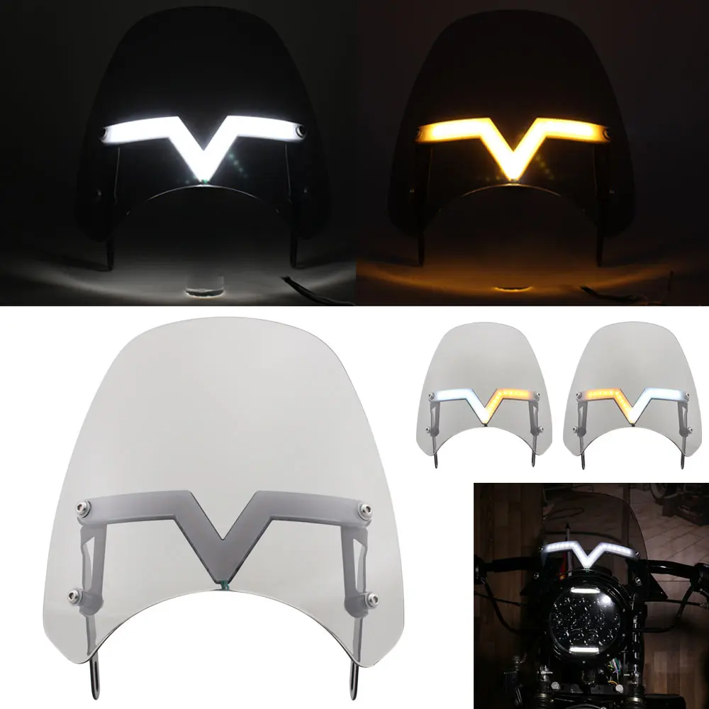 Gray Motorcycle Windshield Windscreen With Led Turn Signal Light Universal 57 Inch Headlight