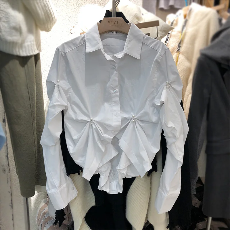 

2020 Spring Autumn Women Personality Long-Sleeve Shirt INS Net Fashion White Bow Pearl Bead Shirt Blouse Blusas Femme