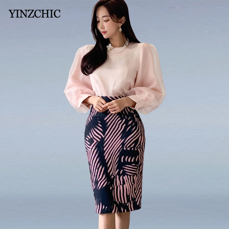 Conjuntos de primavera para blusa holgada y de tubo con estampado, trajes elegantes para oficina, 2 uds.|Trajes de - AliExpress