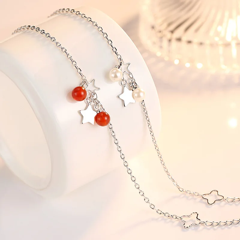 

Cute Star Pearl Ball Charms Bracelets Silver Plated Metal Adjustable Cross Link Chain Female Models Jewelry Trinket For Women