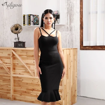 

Ailigou 2019 Winter New Women's Bandage Dress Sexy Halter Spaghetti Fishtail Tight Vestidos Celebrity Party Dress