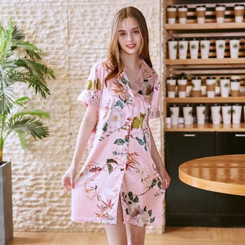 

Summer Women's Sleepwear Sexy Satin Pajama Floral Print Short Sleeve Nightwear Pajamas Suit Female Pizama Damaska