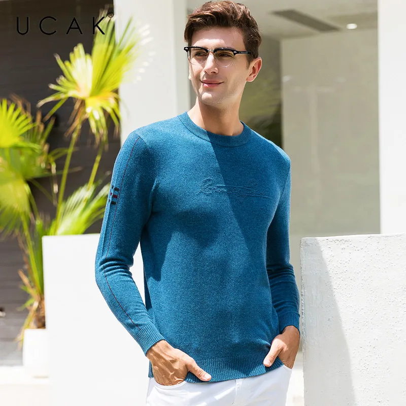 Discount UCAK Brand 100% Merino Wool Sweater Men Fashion Casual O-Neck Pullover Men Pull Homme Autumn Winter Warm Cashmere Sweaters U3070
