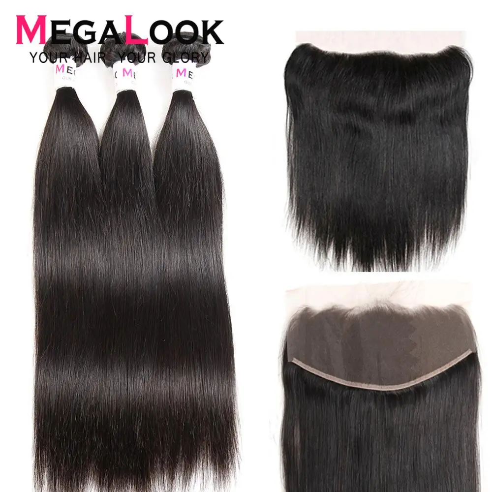 

Megalook Peruvian Straight Hair Bundles with Frontal Remy Human Hair Bundles with Frontal Natural Color