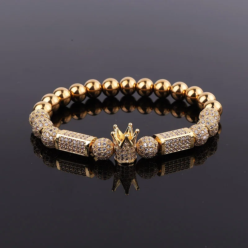 

New Design 18K Gold Plated Stainless Steel Beaded CZ Pave Crown Charm Elastic Bracelet Men Jewelry Gift