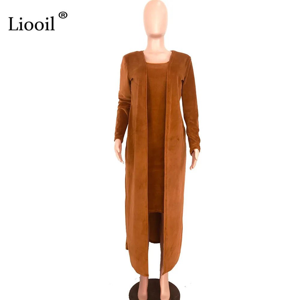 Liooil/Бархатный комплект из 2 предметов, вечерние Клубные наряды для женщин, осенне-зимний сексуальный кардиган с длинными рукавами, пальто и облегающее платье миди