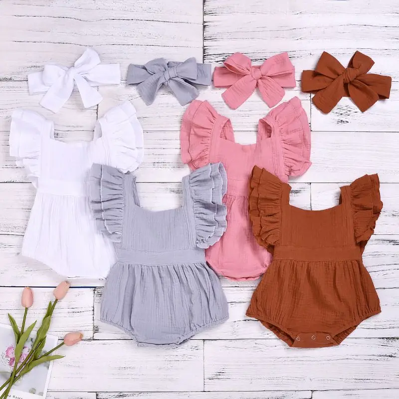 FashionSummer двойной газовые гольфы до колена с рюшами из хлопка, Детский комбинезон с повязкой-бантом розовый комбинезон с шортами для Одежда для новорожденных девочек