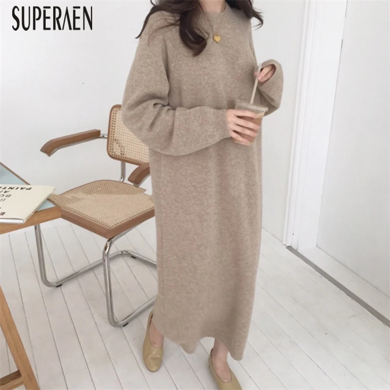 SuperAen, корейский стиль, вязаное платье для женщин, осень и зима, новинка, дикое женское платье с длинным рукавом и круглым воротником, женская одежда