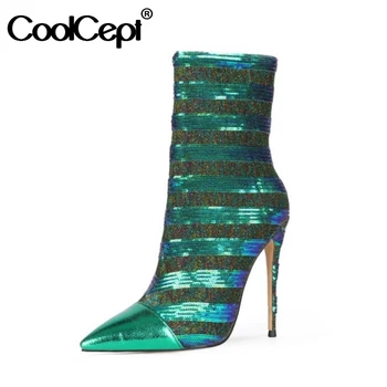 

CoolCept Ankle Boots For Women Pointed Toe Thin High Heel Pointed Toe Striped Rhinestone Party Club Shoes Footwear Size 34-45