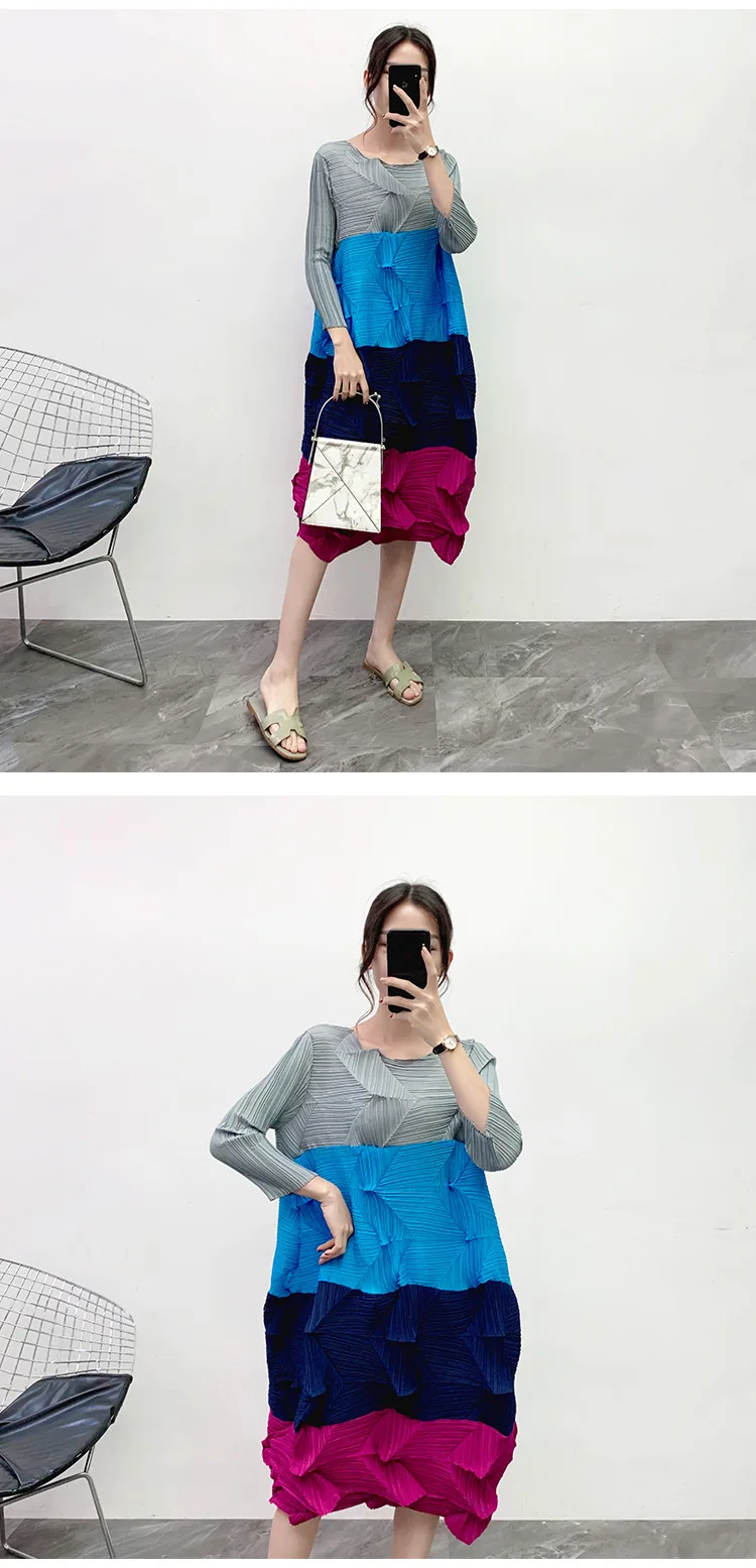 Miyake плиссированные платья со стразами новые осенние приталенные Лоскутные Платья с круглым вырезом длиной до колена женское платье с длинными рукавами размера плюс
