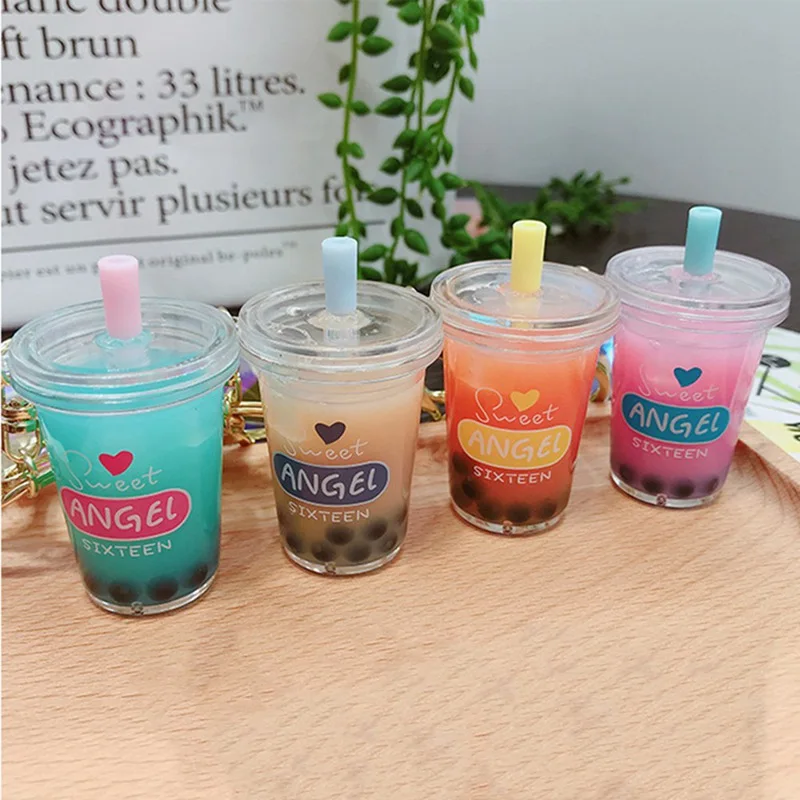 Creative Mini Soft Drink Keychain Coconut Milk tea Beverage Bubble Tea Acrylic Moving Liquid oil Drop decompression Jewelry gift