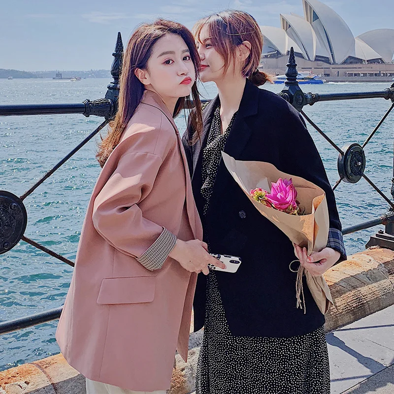 Retro Korean Pink Ladies Blazer Simple Loose Casual Suit Jacket Long Sleeve Stylish Spring Autumn Women Party Blazer MM60NXZ