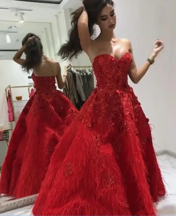 Красный Robe de Soiree Vestidos de gala Роскошные вечерние платья с перьями, сексуальные цветочные кружевные Длинные вечерние платья, вечерние платья в арабском стиле - Цвет: Красный