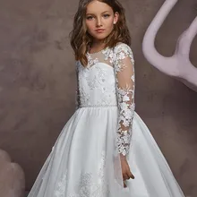 Elegant A-Line Flower Girl Dress Lace Appliques O-Neck Belt Floor Length Button Full Sleeve Custom Made For Children Princess