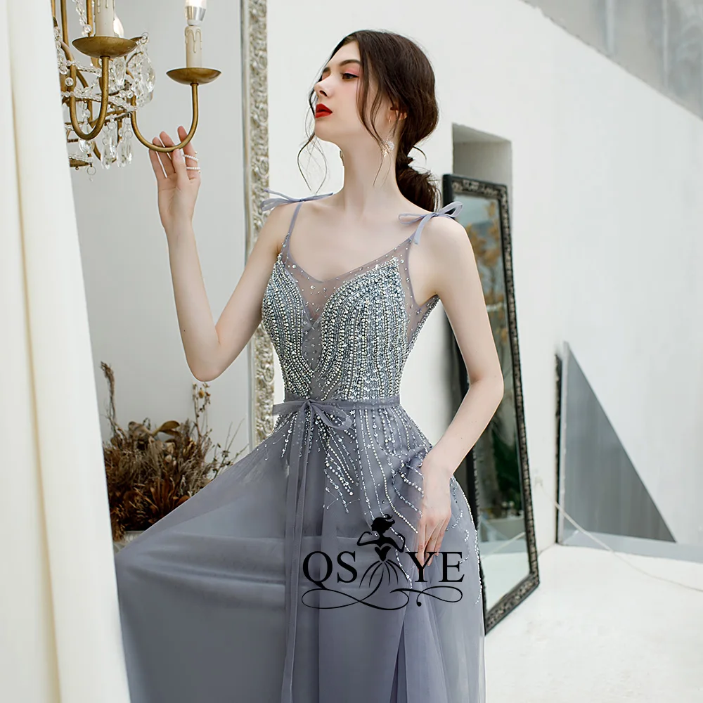 QSYYE ever pretty длинные платья для выпускного вечера тюль v-образным вырезом vestidos largos украшенное бисером с длиной до пола вечернее платье вечерние платья