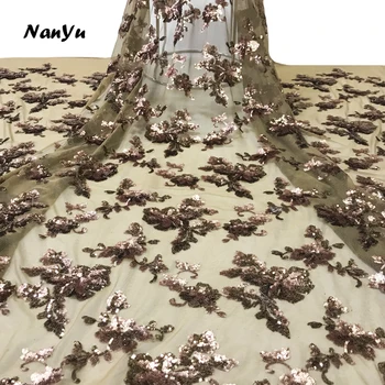 

African Sequin Lace Fabric Coffee Mesh Sequin Embroidery Knit Fabric For Dresses