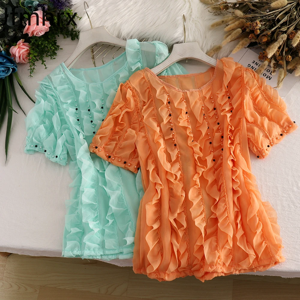 

Summer 2020 New Hyuna Style Pleated Fungus Round Neck Nail Beads Short Ruffled Hooded Foreign Chiffon Tops Jfmhrx Blouse Women