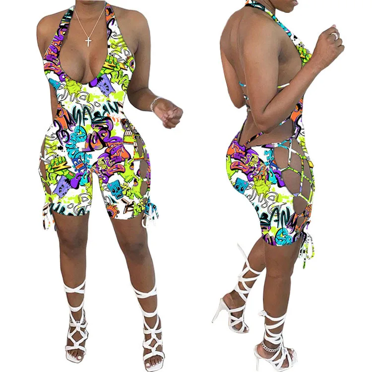 Echoine Summer Graffiti printing Women Sexy Halter Neck Open Back V-neck Bodycon Bodysuit Knee Length Up Side Playsuit Romper Echoine Summer Graffiti printing Women Sexy Halter Neck Open Back V-neck Bodycon Bodysuit Knee Length Up Side Playsuit Romper