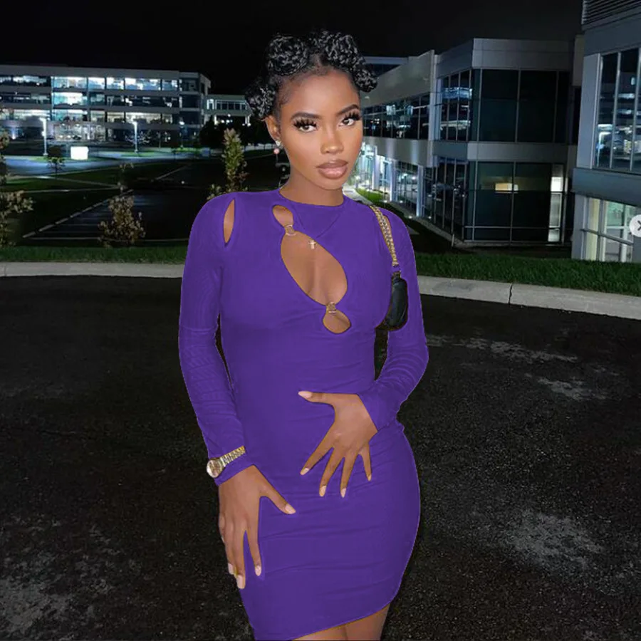 

Solid Color Hollow Out Bodycon Dress Women O Neck Long Sleeve Night Club Party Mini Dress Christmas Clothes Vestidos
