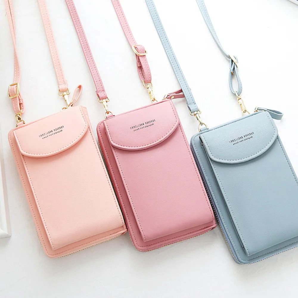 New Women Purses Solid Color Leather Shoulder Strap Bag Mobile Phone Bag Card Holders Wallet Handbag Pockets for Girls