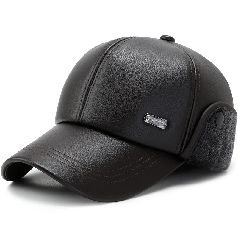 Мужская зимняя бейсбольная Кепка из искусственной кожи с ушанками, Casquette Homme, облегающая Кепка s Snapback, теплая Кепка для водителя грузовика