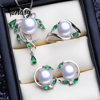

FENASY 925 Sterling Silver Emerald Jewelry Sets Natural Pearl Stud Earrings Bohemian Pendant Necklace Women Green Stones Ring