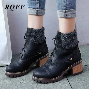 

Winter New Ankle Boots Women Plus Size 43 44 Fashion Square High Heels Shoes Woman Platform Round Toe Handmade Lace-up PU